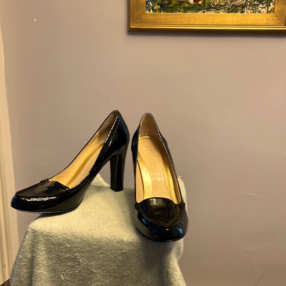 Black patent high heel loafers by Ralph Lauren